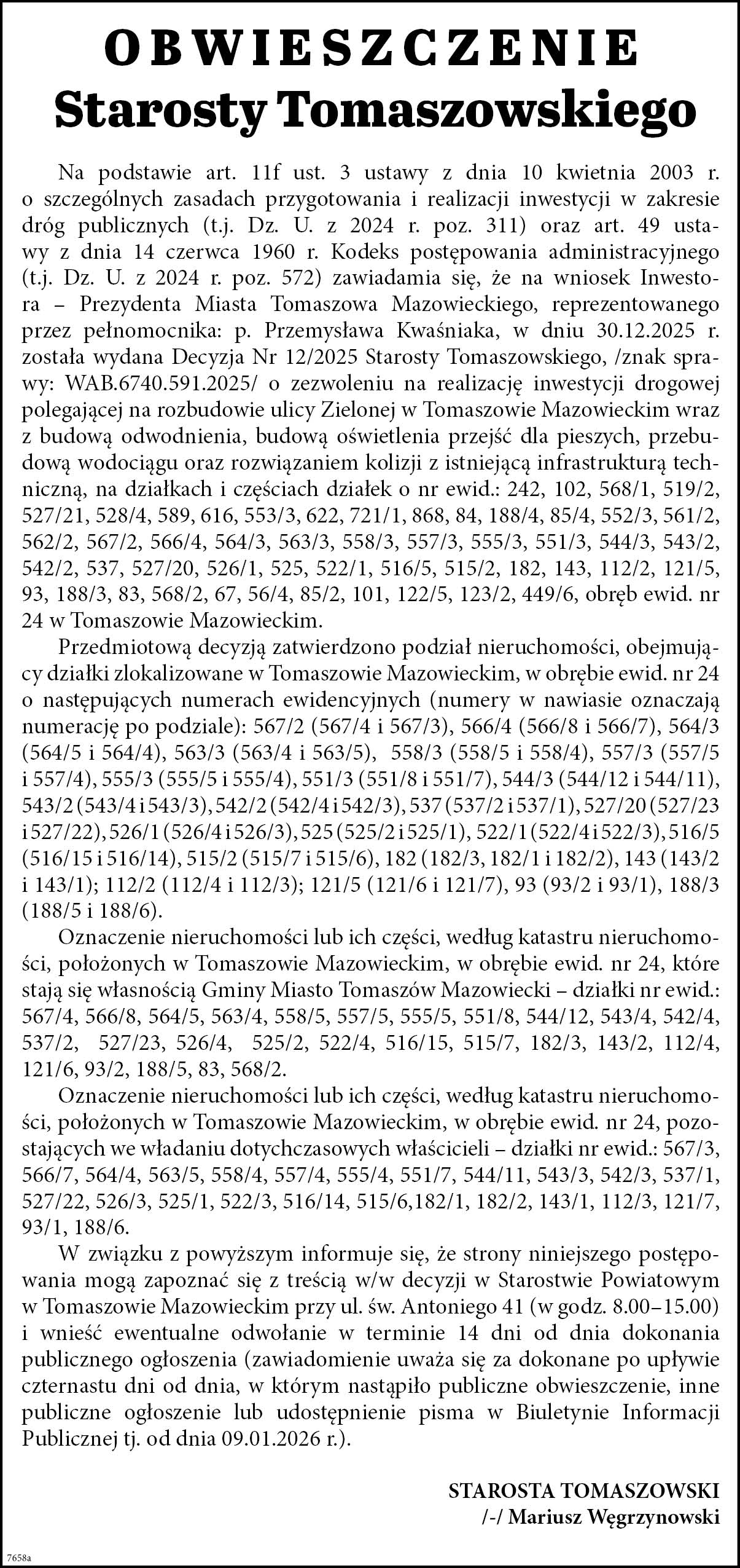 Obwieszczenie Starosty Tomaszowskiego